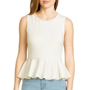 Contemporary White Peplum Top – Chic Sleeveless Summer Shell – Size XS